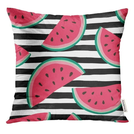 ARHOME Watermelon Slices on Black and White Watercolor Stripes for Holiday Seasonal Summer Beach Parties Pillow Case 16x16 Inches Pillowcase