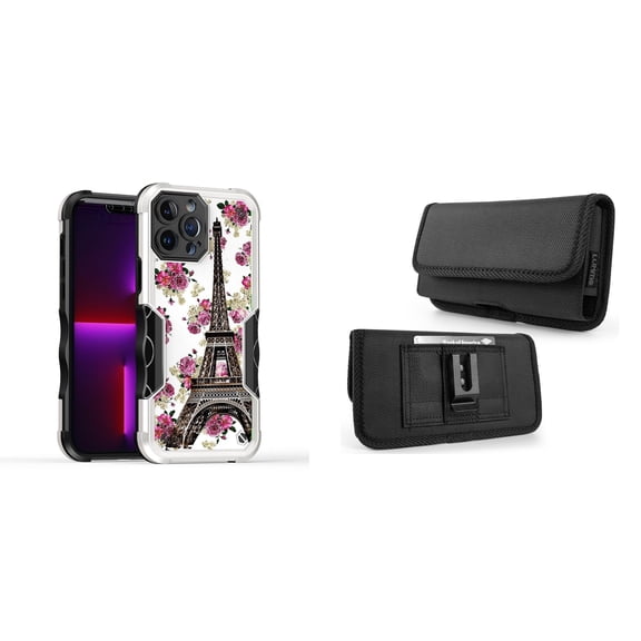 Case and Pouch Bundle for iPhone 14 Pro Max: Heavy Duty Armor Rugged Case (Eiffel Tower Flowers) and Horizontal Rugged Nylon Belt Holster
