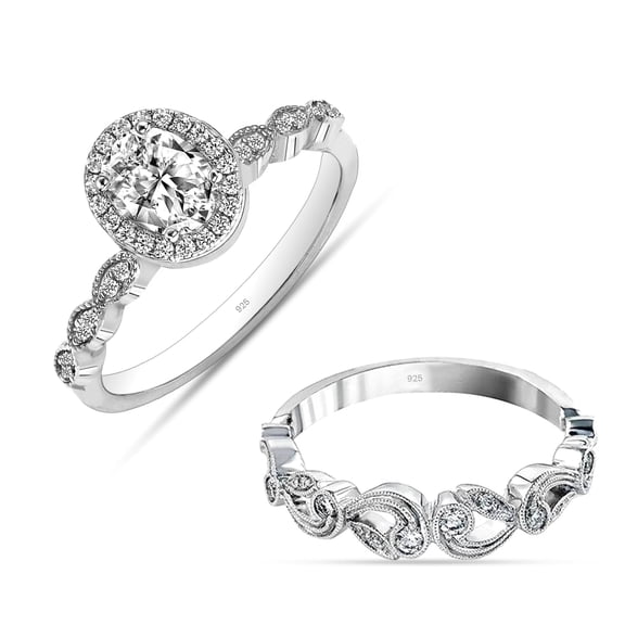 LeCalla 925 Sterling Silver CZ Rings for Women Rhodium-Plated Oval Zirconia Classic Engagement Ring Zirconia Wedding Band for Women Promise Rings for Her (Size - 5)
