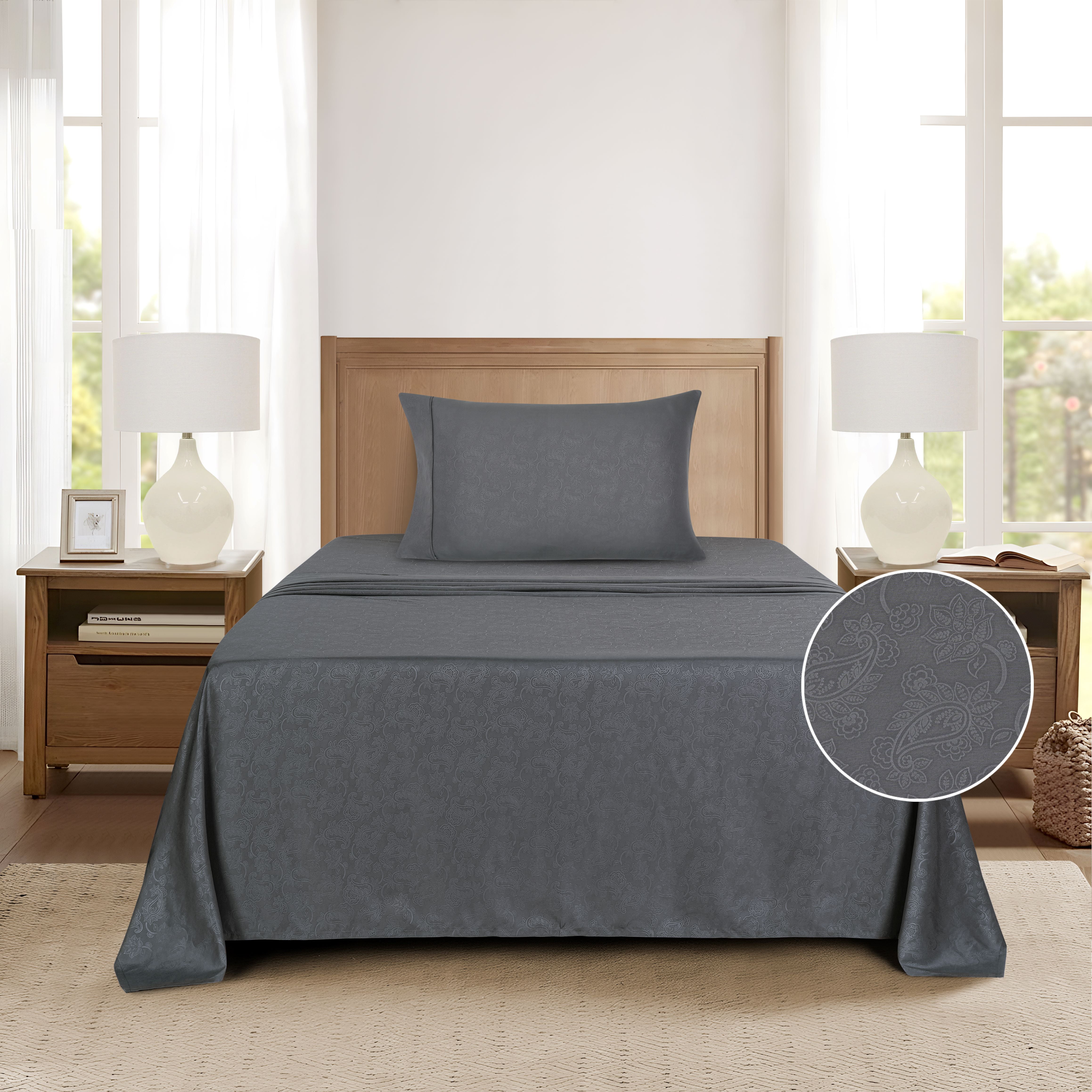 Mainstays Super Soft Brushed Microfiber Bed Sheet Set, Grey Embossed Hayden Paisley, Twin-XL, 3 Piece