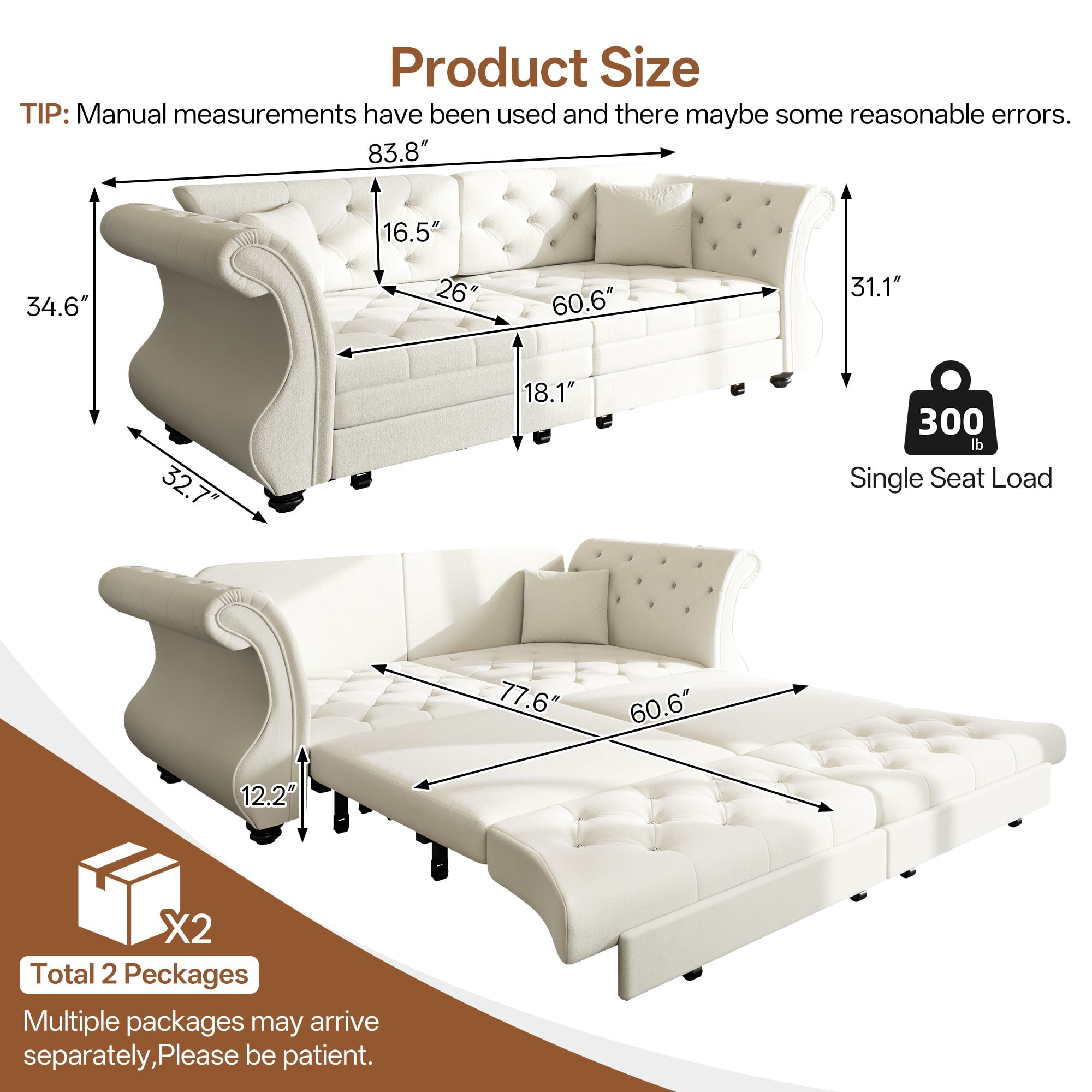 LLappuil 84" Pull Out Sofa Bed Queen Size, Oversized Chesterfield Velvet Sofa with Flower Tufting, Loveseat Sofa Couch Convertible Sofa Bed for Living Room Beige