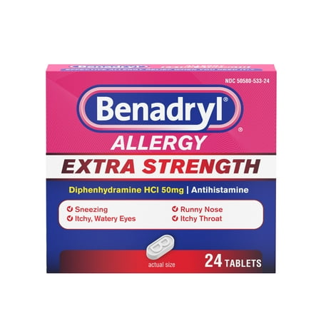 Benadryl Extra Strength Antihistamine Allergy Relief Tablets, 24 Count