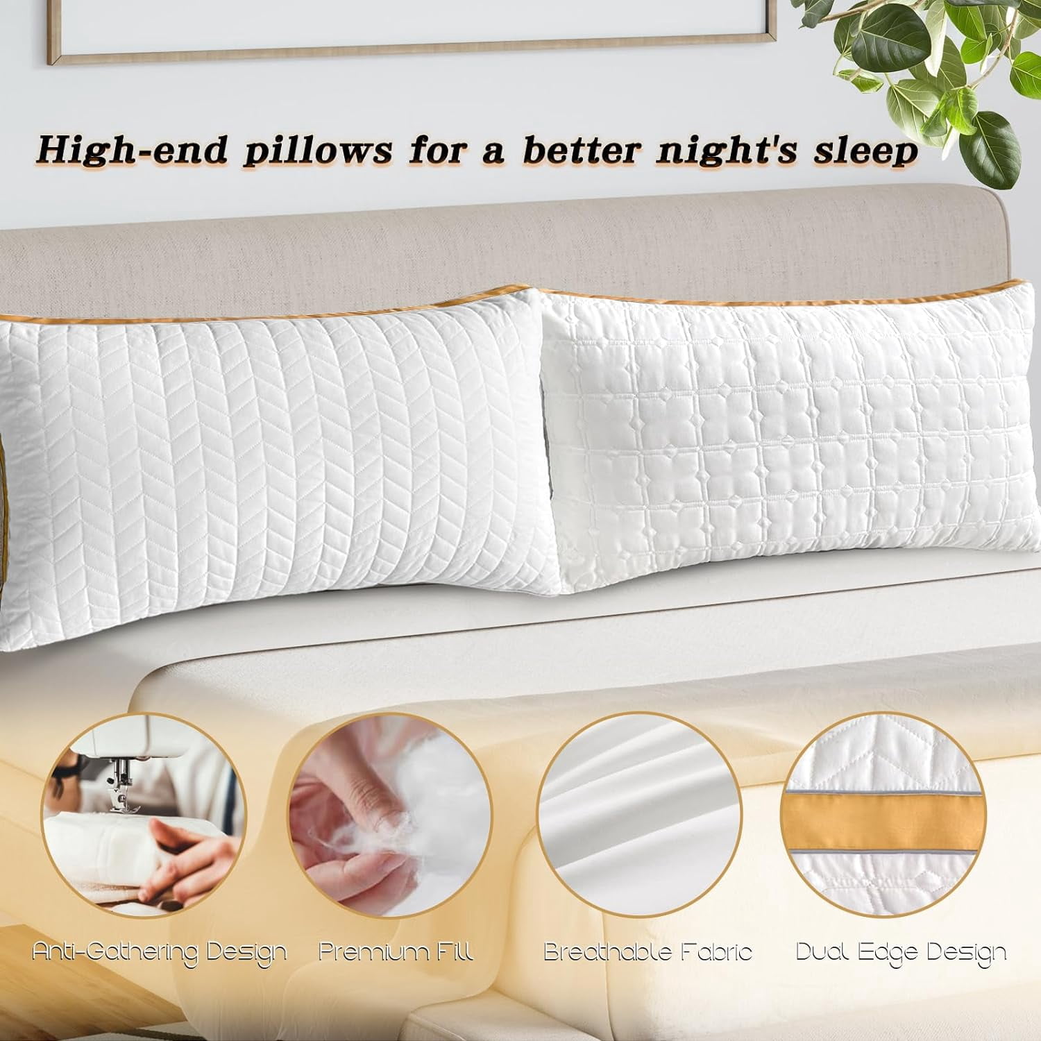 Pillows Standard Size Set of 2, Hotel Quality Gusseted Bed Pillows for Side, Back, Stomach Sleepers, Soft Supportive Gusseted Standard Pillows for Sleeping, Down Alternative Filling