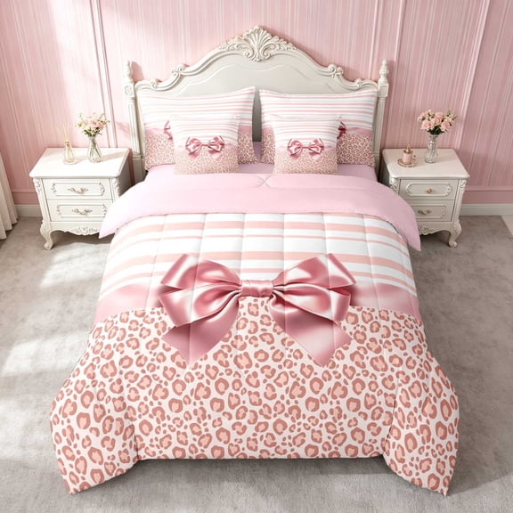 Erosebridal Leopard Satin Bow Ribbon Twin Bedding for Girls, Cheetah Animal Print Lace Bedding Comforter Set, Pink Reversible 7-Piece