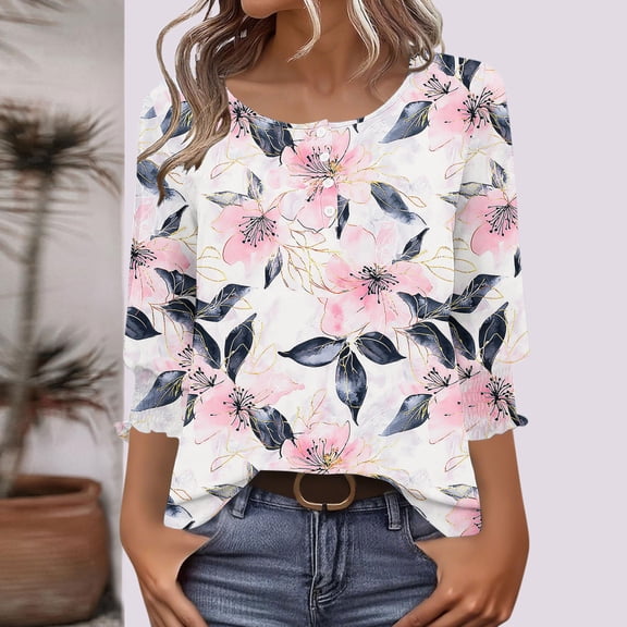 Vetsdori Three Quarter Sleeve Tops for Women Tunic Button up Pullover Summer Graphic,Dressy Crewneck Juniors Blouses Casual