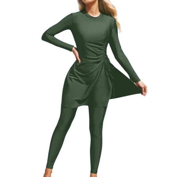 Women Muslim Surfing Rash Guard Burkini Bathing Suit Solid Color Long Sleeve Swimsuit Upf 50 Full Coverage Print Two Piece With Pants,Green,SIZE XL