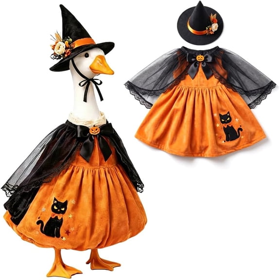 Halloween Porch Goose Outfit, Witch Costume for 23 Inch Statues | 3-piece witch costume with hat, black cape and orange dress for 23 inch porch goose, Halloween fall outdoor yard garden decor