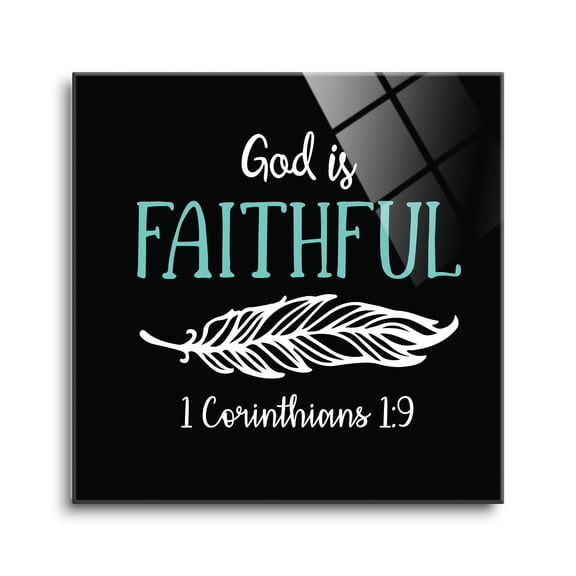 He Is Faithful White Feather 24 x 24 Glass Wall Hanging Sign