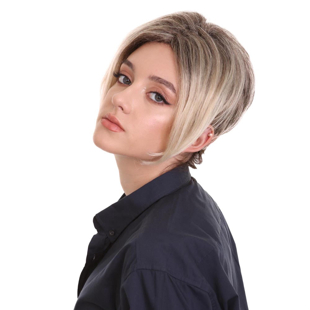 HPO Adult Women's Short Pixie Wig with Blonde Highlights | Light Brown Capless Costume Hair Wig