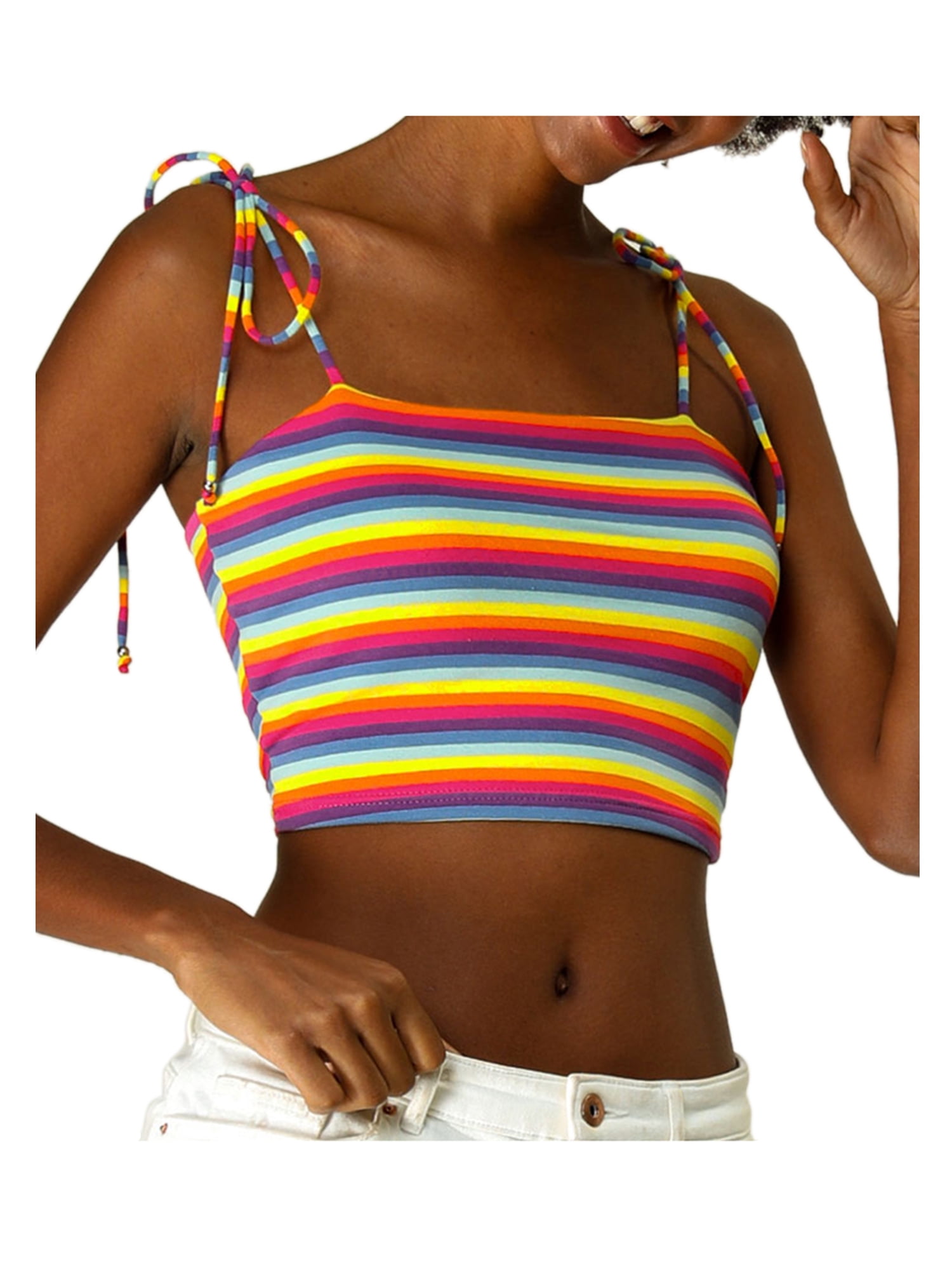 Allegra K Womens Summer Rainbow Striped Tie Spaghetti Straps Crop Top Sleeveless Cami Tube Tops