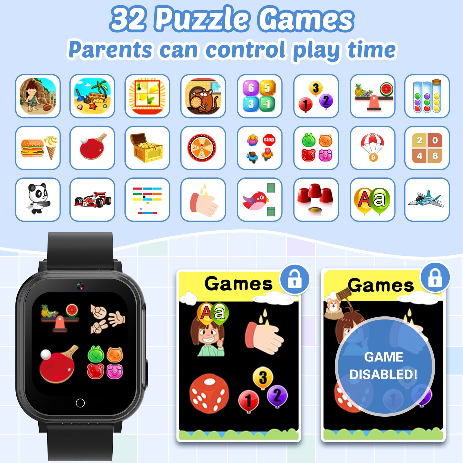 Vakzovy Waterproof Smart Watch for Kids with 32 Games Dual Camera Video Habit Tracking Music Player Pedometer Screen Protectors Lanyard, HD Touchscreen Kids Watch Toy Birthday Gift for 3-12 Year Old