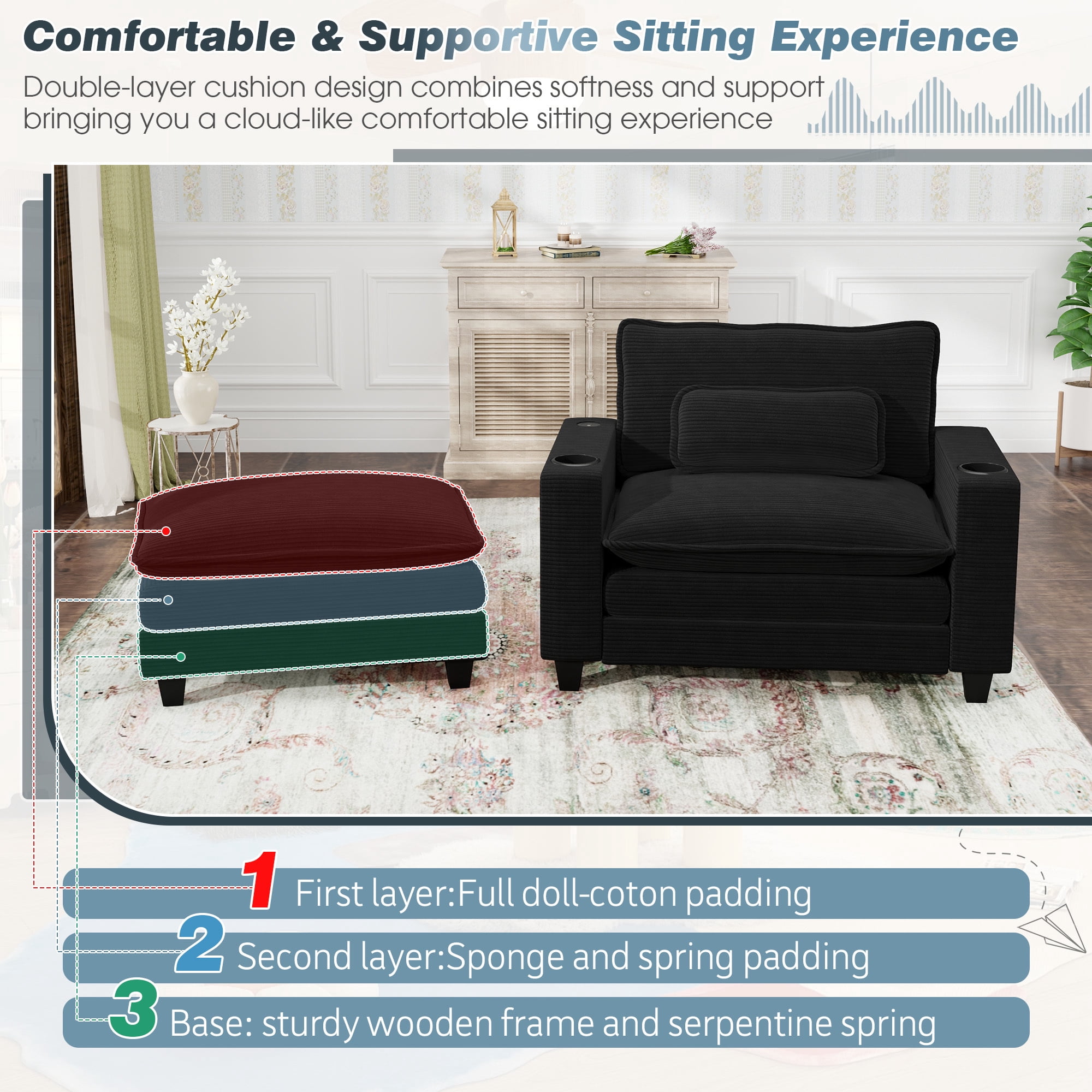 Lunale Oversized Lounge Chair & Ottoman Set - 45.5" Cloud Corduroy Accent Armchair with USB/Cup Holder for Modern Living/Bedroom, Black