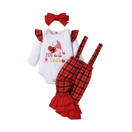 

BrilliantMe 3pcs Baby Girls Christmas Long Sleeve Romper+ Plaid Suspender Trousers+ Headband Outfits for Girls White Red 12-18 Months