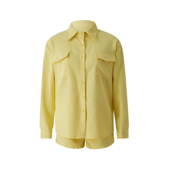 Sunloudy - Traje de 2 uds para mujer, cuello vuelto de color sólido, camisa de manga larga con botones y pantalones cortos con cordón elástico Sunloudy moda