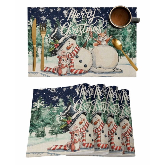 Placemats Set of 4, Navy Blue Snowman Christmas Woven Placemat, Linen Place Mats for Kitchen/Dining Tables, Xmas Tree Rustic Snowflake Washable Table Mats for Party