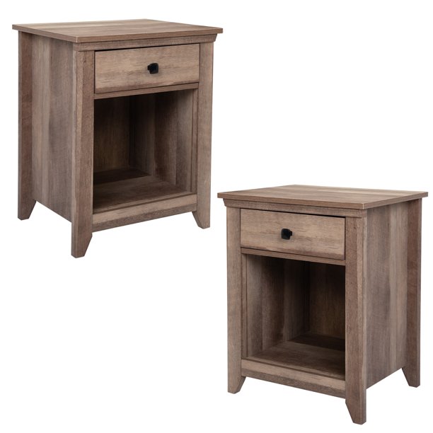 Set of 2 Farmhouse Nightstand, Wood Bedside Table with Drawer and Open
