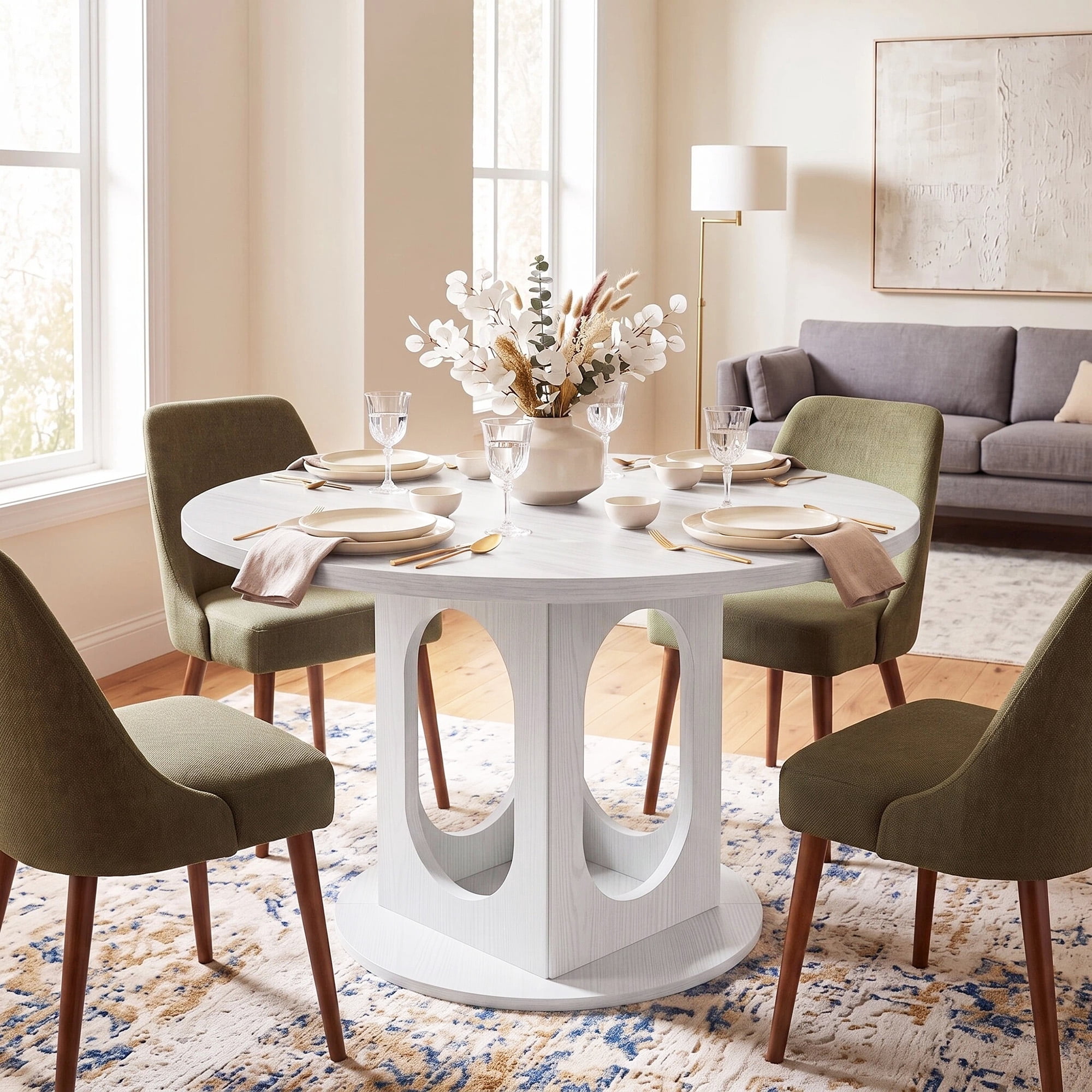 43.3 -59 Extendable Round/Oval Dining Table for 4-8 – Mid-Century Modern Farmhouse Kitchen Table with Sturdy Base & Adjustable Leveling Feet