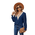 thumbnail image 2 of Women'S V Neck Shirred Mesh Flounce Long Sleeve Blouse Casual Top Blue XL, 2 of 7
