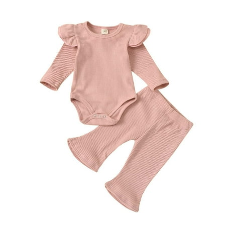 

YWDJ 2022 Onesies for Baby 60-100 Baby Round Neck Solid Color Ribbed Two-tone Flying Sleeve Romper Trousers Suit Pink 0-3 Months