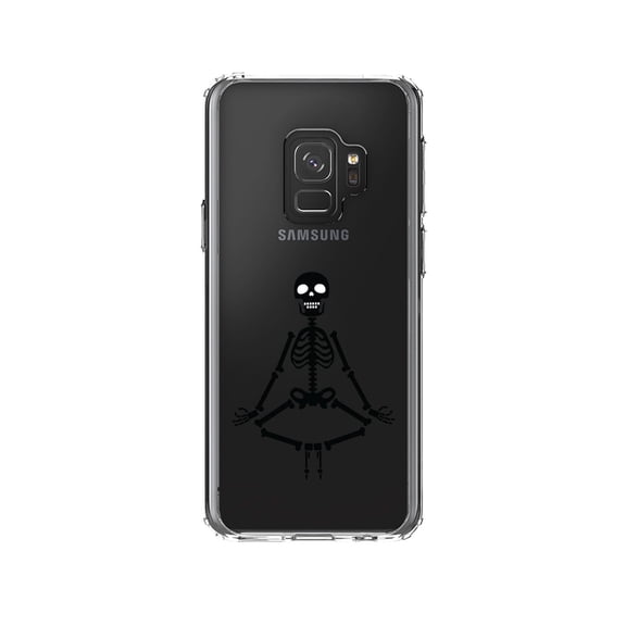 DistinctInk Clear Shockproof Hybrid Case for Samsung Galaxy S9 (5.8" Screen) - TPU Bumper, Acrylic Back, Tempered Glass Screen Protector - Namaste Yoga Skeleton