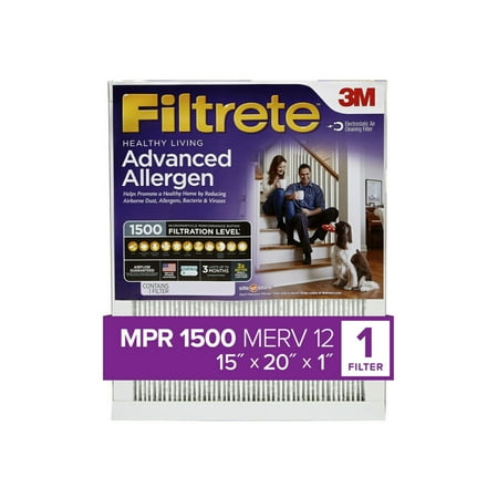 

Filtrete by 3M 15x20x1 MERV 12 Advanced Allergen Reduction HVAC Furnace Air Filter Captures Allergens Bacteria Viruses 1500 MPR 1 Filter