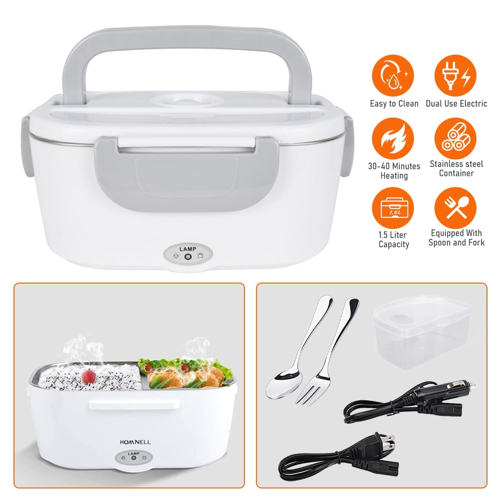 DFITO 40W Electric Heating Lunch Box, 2 In 1 Portable Food Heater for Home and Car, 1.5L Removable Stainless Steel Container, 110V/12V, with Fork Spoon, Grey