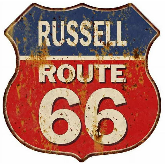 RUSSELL Route 66 Sign Shield Metal Gift Man Cave Red 211110005439