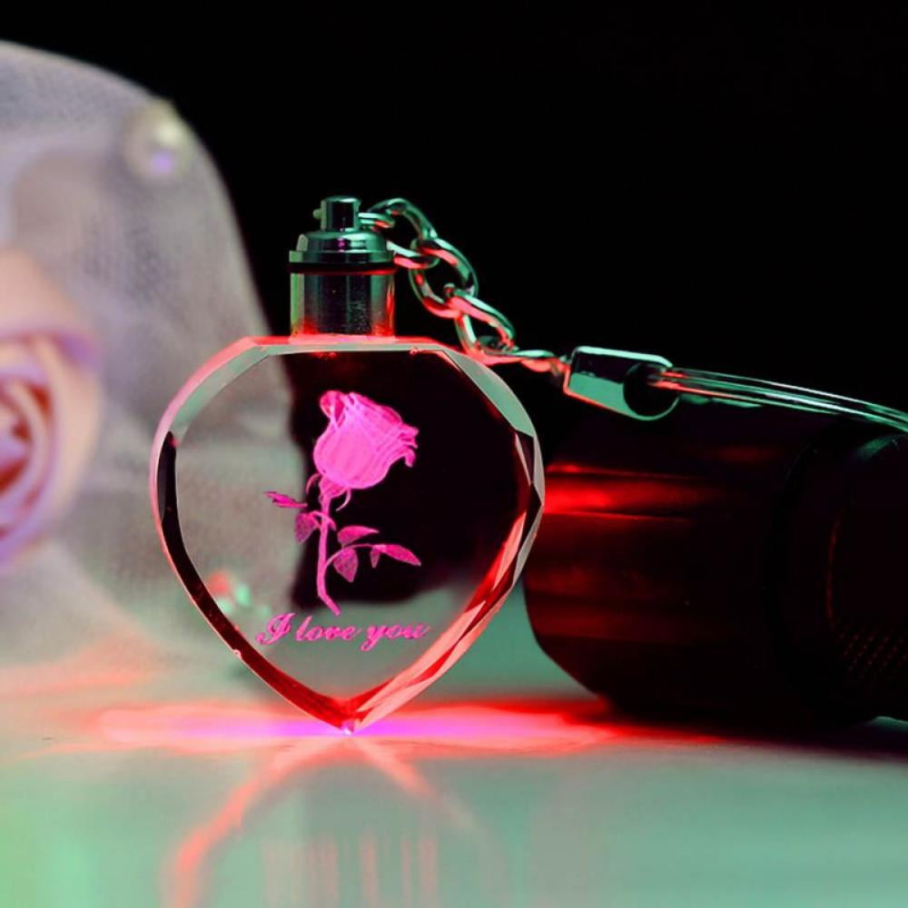Keychain Heart Crystal Rose Flower Crystal LED Lover Key Chain Ring Keyring 