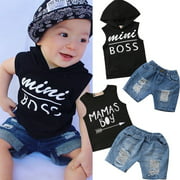 Newborn Infant Baby Boys Sleeveless Hooded Vest Tops T-shirt + Denim Pants Shorts Jeans Outfits Clothes Set
