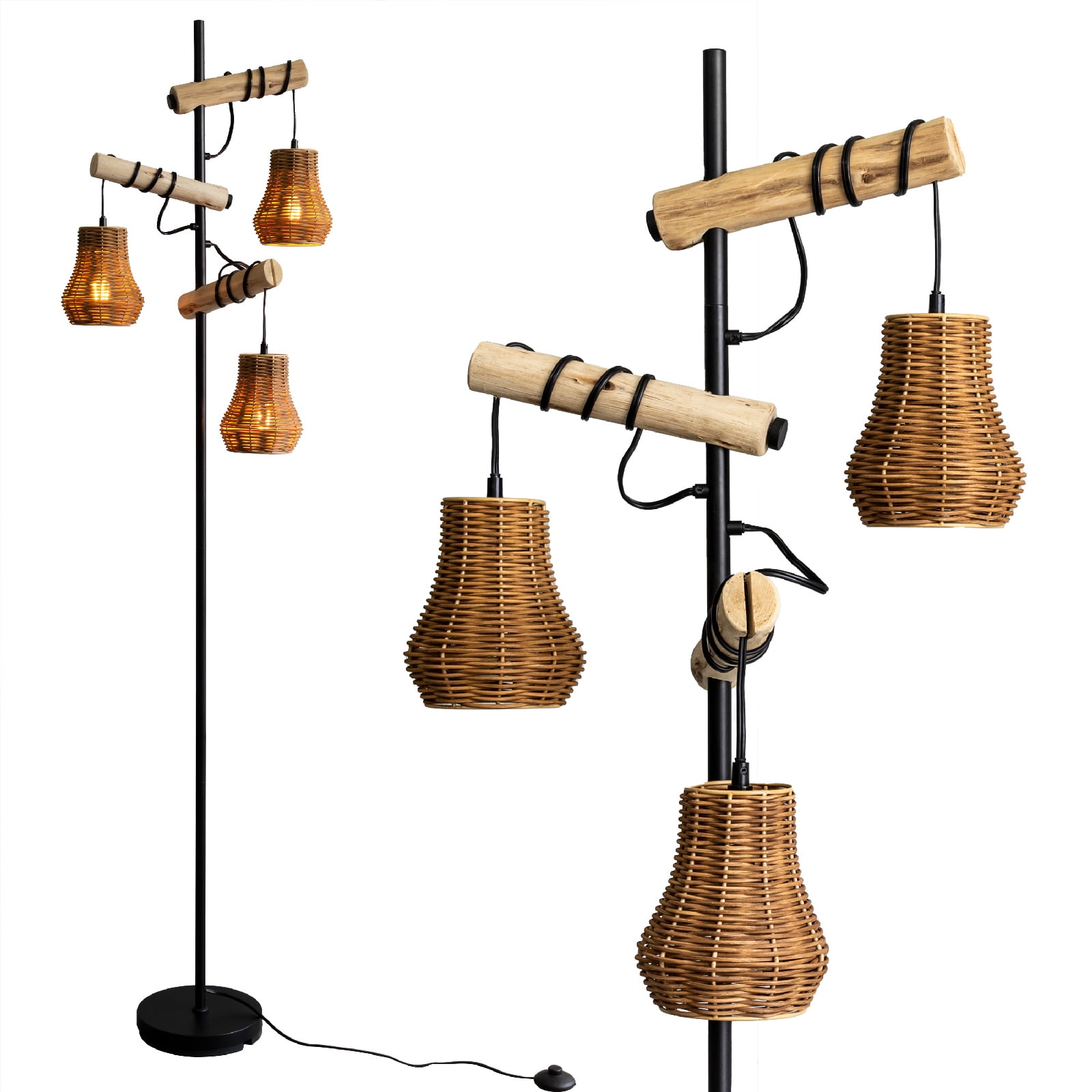 Rattan 3 Lights floor lamp, Wooden Floor Lamps for Living Room, 3 Light Rustic Standing Tall Lamp, Tree wooden Floor Lamp for Bedrooms Room, Office, Bar