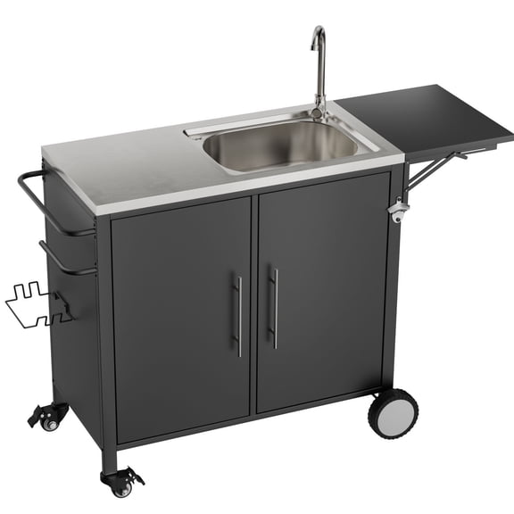 CQSXDA Functional Metal Grill Worktable with Sink, Foldable Top and Storage Cabinet, Rolling Cart for Outdoor Use
