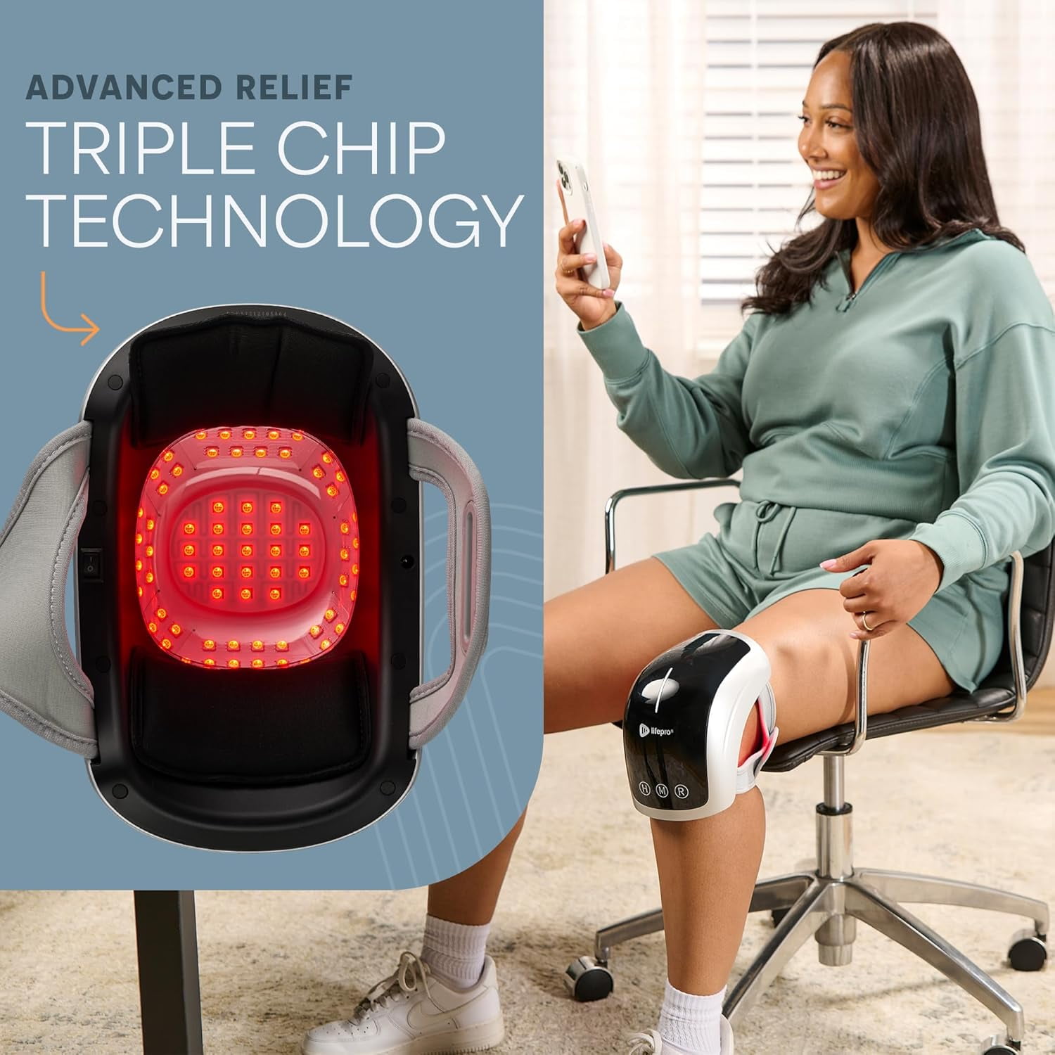 LifePro Red Light Therapy Knee Brace – Portable Near Infrared LED Wrap with Heat, Vibration & Rechargeable Battery - Silver