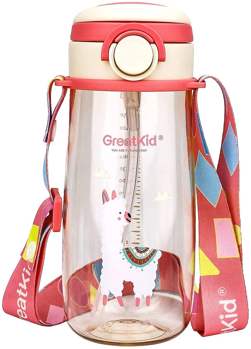 Greatkid 16oz Kids Sport Water Bottle with Straw,Reusable Bottle with