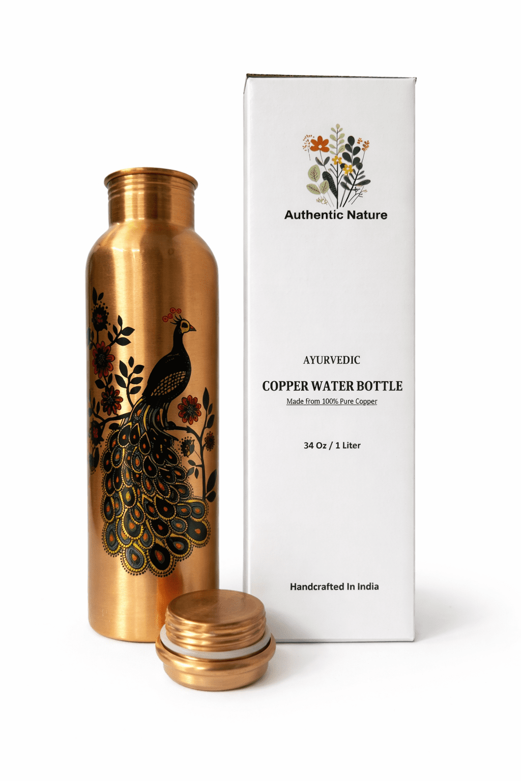 Authentic Nature Ayurvedic Copper Water Bottle, Pure Copper, 1 Litre/34 Oz, Peacock Design , With Health Benefits, Handcrafted in India