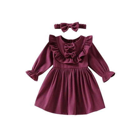 

Calsunbaby 2Pcs Kids Toddler Girls Autumn Outfits Solid Color Bowknot Round Neck Long Sleeve Ruffle Dress + Headband Purple 1-2 Years
