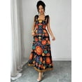 thumbnail image 5 of Black Bohemian Floral Print Tie-Shoulder Smocked Waist Maxi Dress For Summer Vacation, 5 of 8