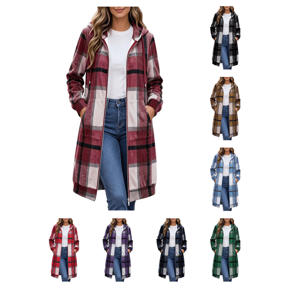 Busydd Long Plaid Trench Coat Women Fashion Long Sleeve Zip Up Fall Jackets Casual Hooded Drawstring Outerwear Jacket with Pockets