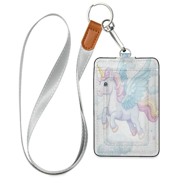 PU Leather ID Badge Holder Stylish Badge Holders with Lanyard (4.3x2.8x0.3in) for Cards & Credentials White Unicorn with Wings