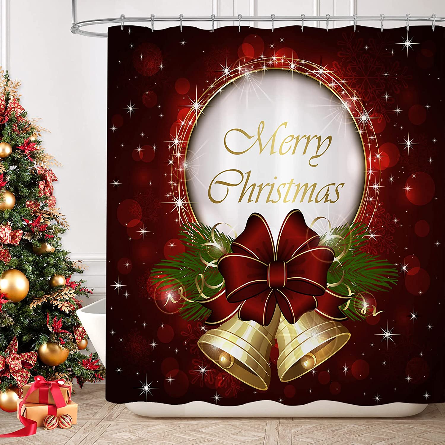 JOOCAR Red Christmas Shower Curtain Set, Merry Christmas Shower Curtain