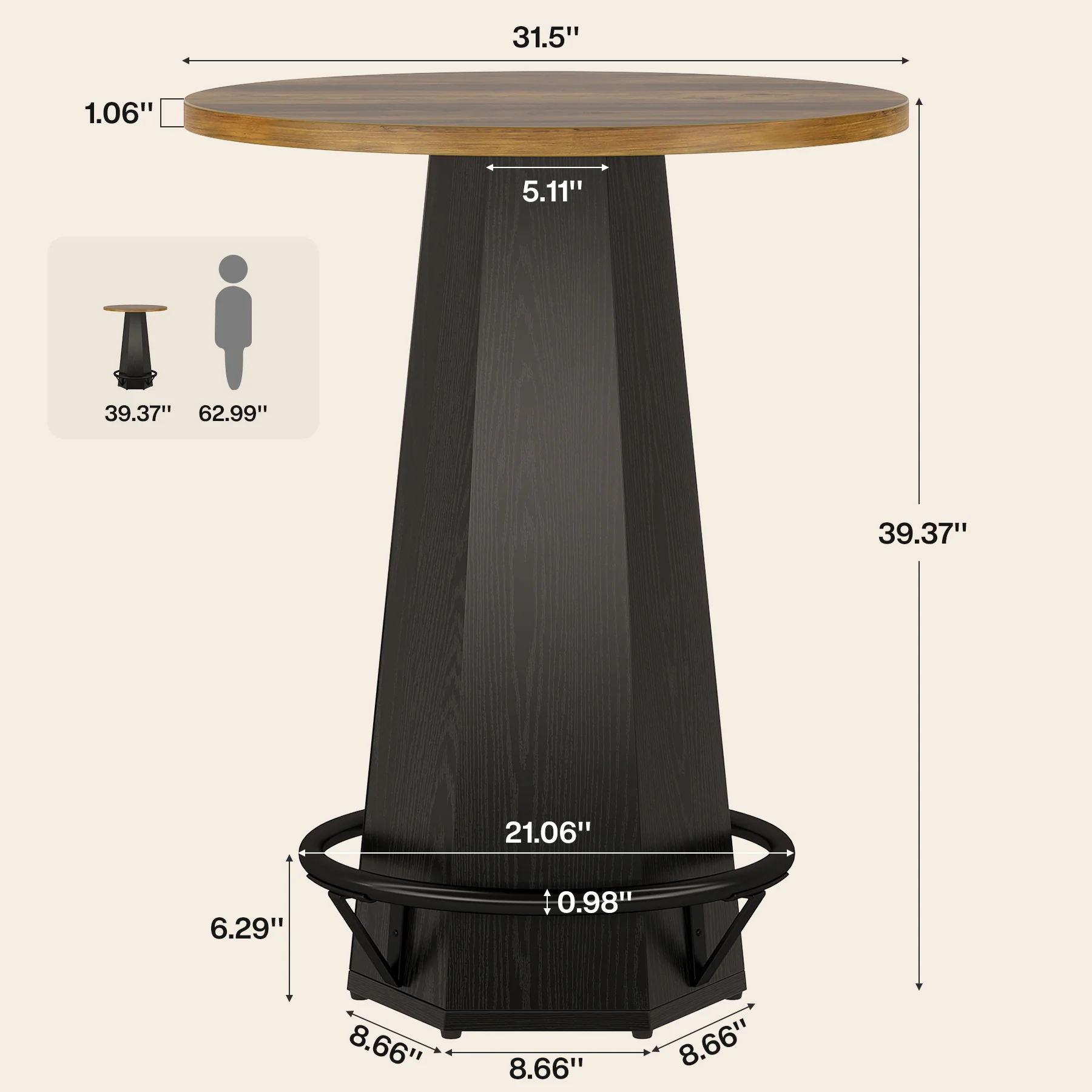 Hommoo 31.5 Inch Round Bar Table with Hexagonal Base & Metal Footrest, Industrial-Style Bistro Pub Cocktail Table for Home Bar, Cafe, or Kitchen Island, Black