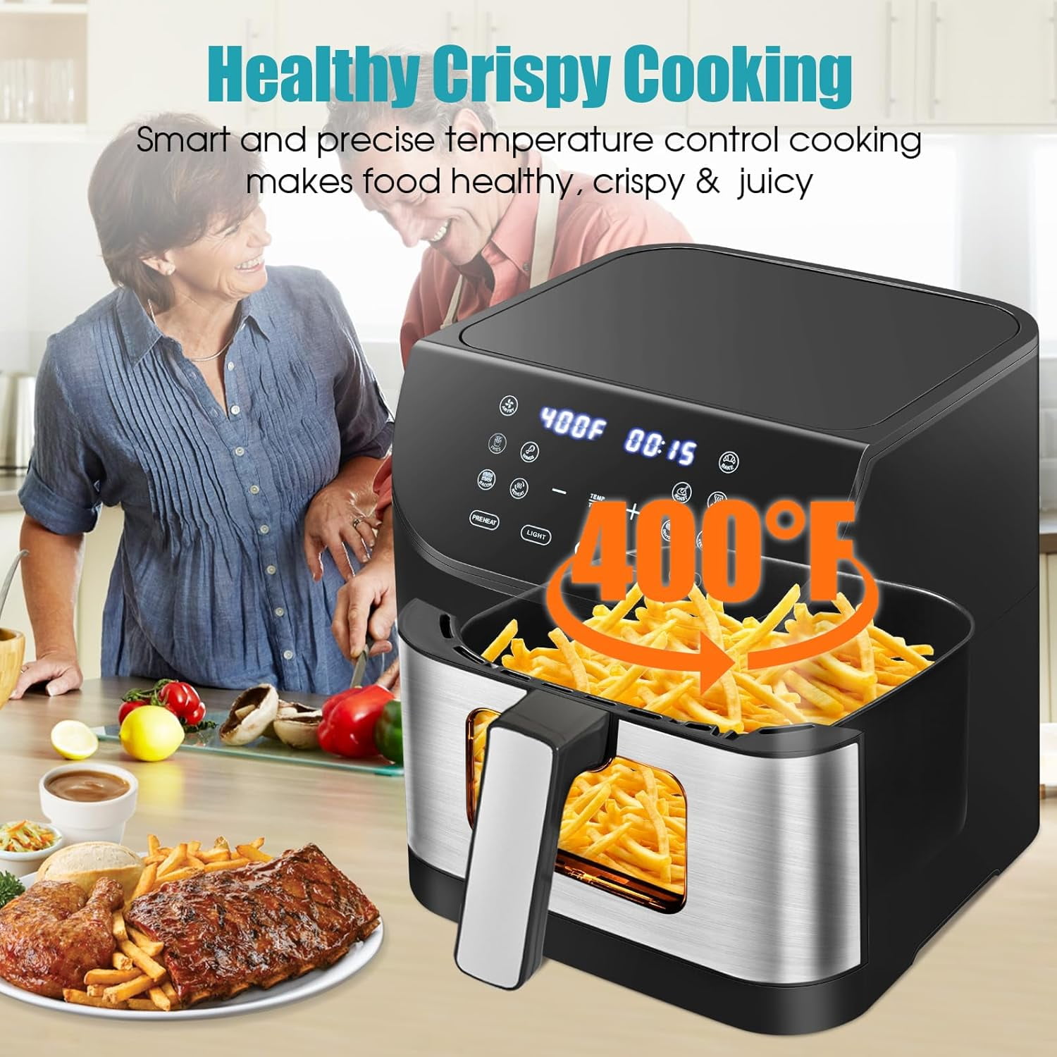 6.2 QT Oilless Large Capacity 1500W Oven Air Fryers Healthy Cooker with 10 Preset, Visual Cooking Window, Non-Stick Basket