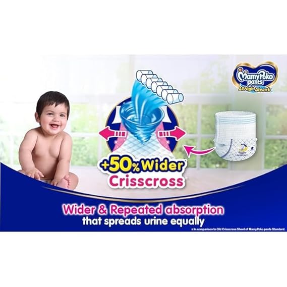 Mamypoko pants All Night Absorb| Pant Style Baby Diapers Large Size(L), 44 Count