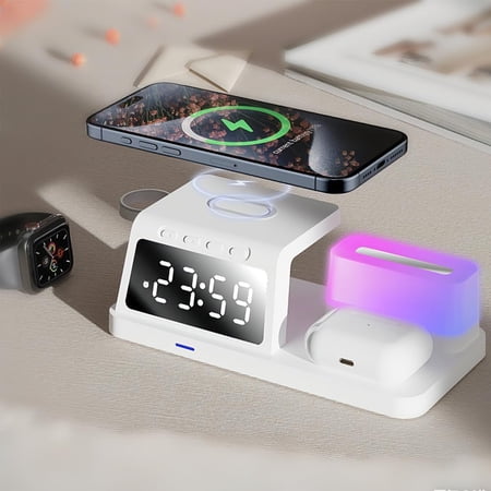 IHAO 6in1Digital Alarm Clock with Wireless Charging Station Night Light 15W Fast Charging for Qi Phone Headphone Bracket for iWatch LED Display Dimmable Brightness-HT309 White