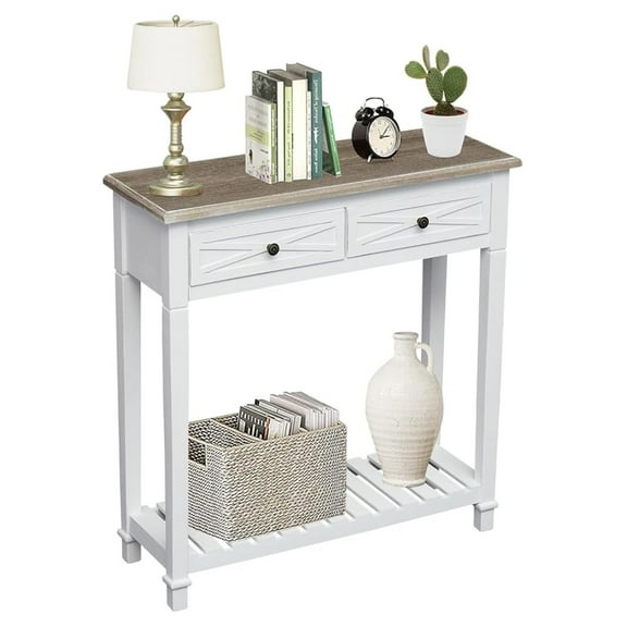 Beran7 Entryway Table - White Console Table with 2 Drawers, Narrow Small Console Table with Storage Shelf for Entryway, Living Room, Hallway, White