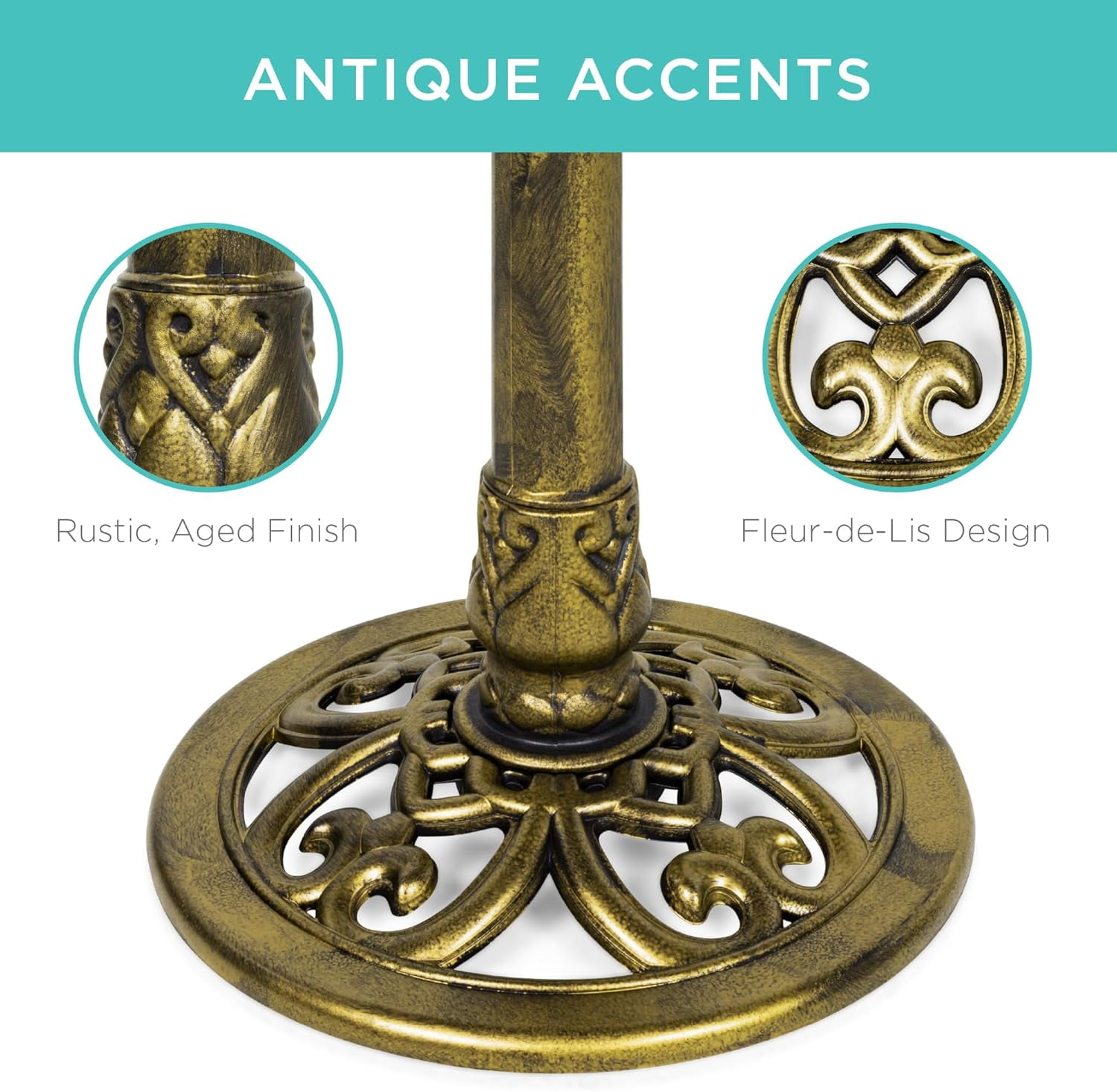 HJTER 28in Pedestal Bird Bath, Vintage Outdoor Resin Accent Decoration w/Fleur-de-Lis Accents - Gold