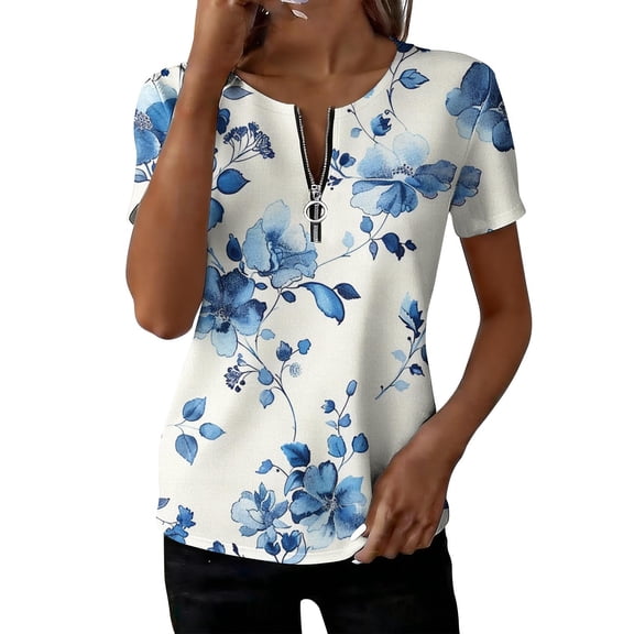 Htigea 1/4 Zip Pullover Tops for Women Floral Print Short Sleeve T Shirts Casual Loose Fit Summer Tees Navy S