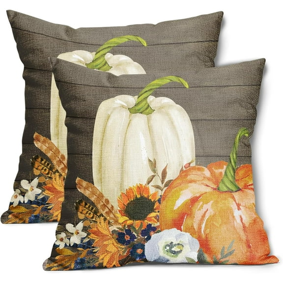 White Orange Pumpkin Fall Pillow Covers 16X16 Inch Sunflower Leaf Wood Decorative Couch Pillow Cases Set of 2 Autumn Thanksgiving Throw Pillows Home Decor for Room Porch Patio Couch Outdoor