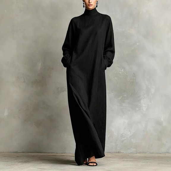 Morttic Women's Elegant Minimalist High Neck Maxi Dress – Lantern Long Sleeve Loose Casual Long Dress with Side Pockets Black,S