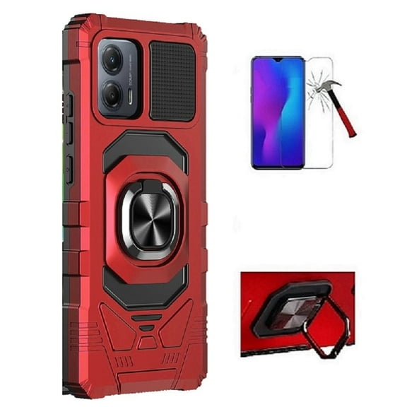 Phone Case for Motorola Moto G 5G 2023, Ring Kickstand Hybrid Case Cover   Tempered Glass (Red)