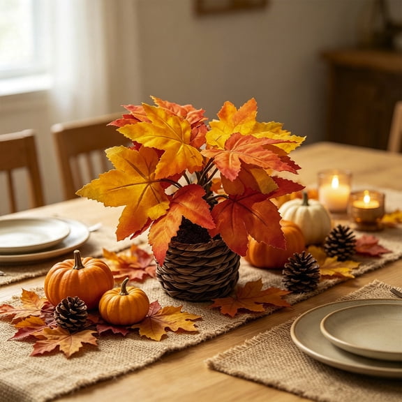 Racsoh Artificial Maple Leaf Mini Potted Plants, Faux Fall Harvest Table Centerpiece, Realistic Silk Leaves in Woven Pot, for Thanksgiving Desk Shelf Home Decor